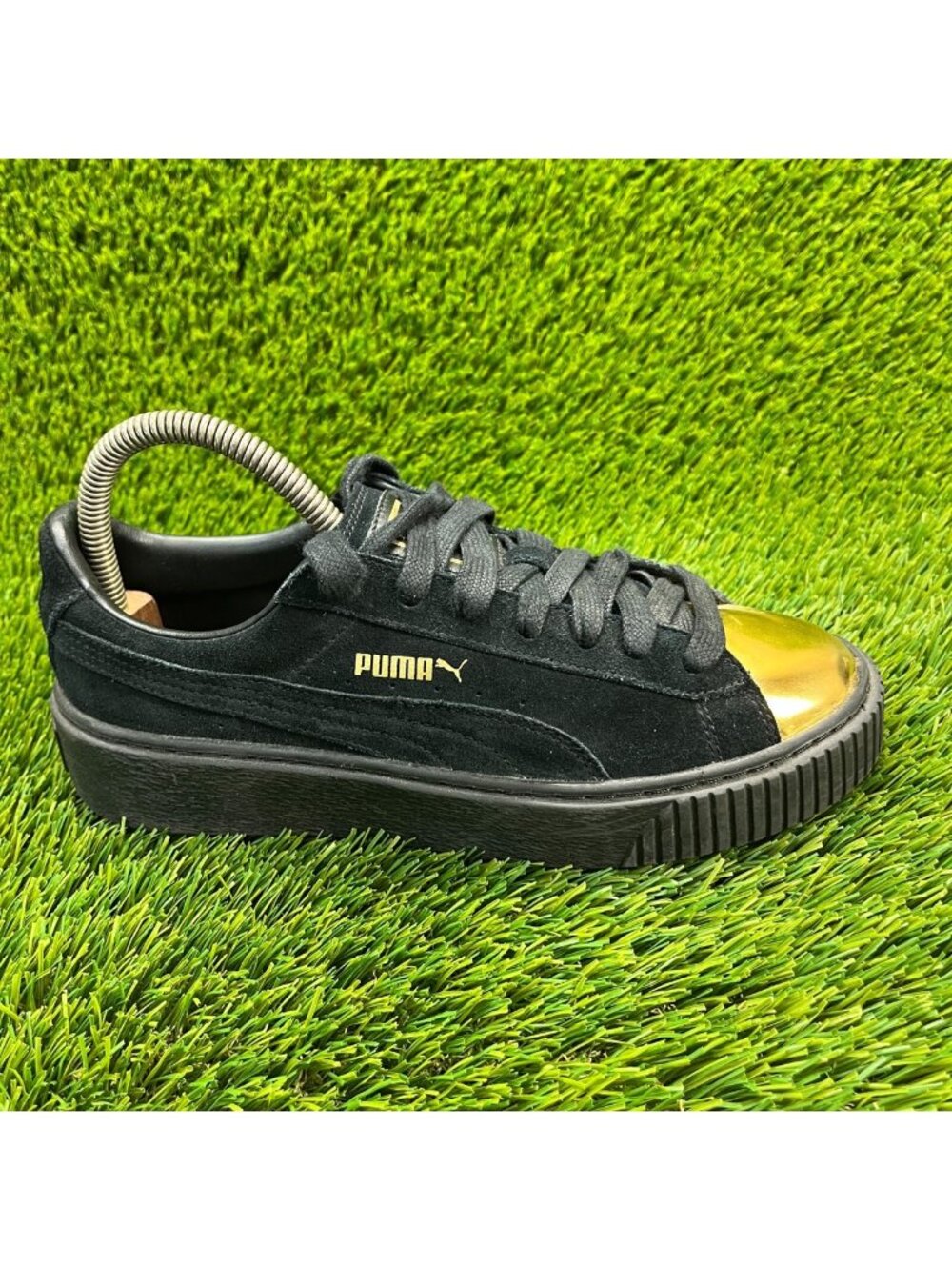 Puma Platform Suede Womens Size 7.5 Black Gold Walking Casual Shoes Sneakers